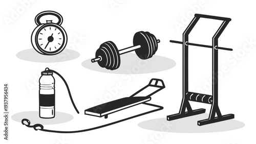 A variety of exercise equipment including weights, a jump rope, and a yoga mat. Vector