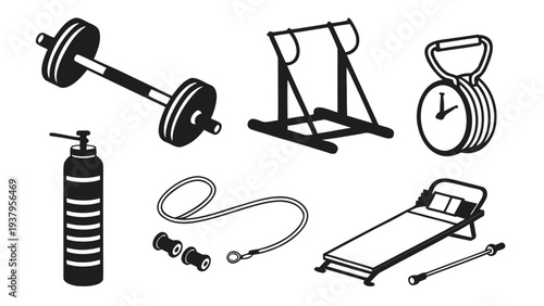 A variety of fitness equipment including weights, a jump rope, and a scale. Vector
