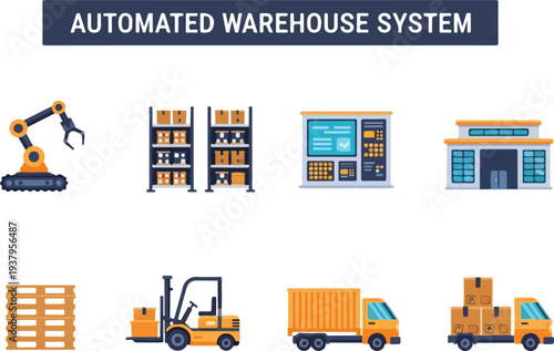 Illustration of automated warehouse system elements including a robot arm shelves and trucks