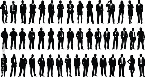 Business silhouette collection, corporate professional figures, men women in suits, workplace diversity poses, office attire representation, black silhouettes, corporate design resource