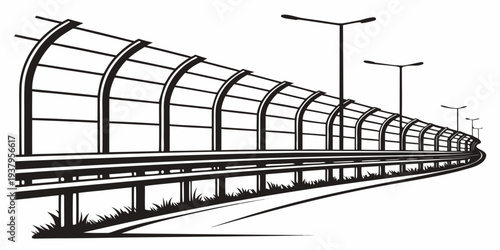 Modern train station platform with curved roof and streetlights in the background Vector