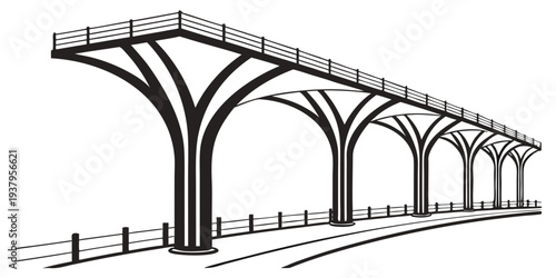 A detailed illustration of a bridge with multiple arches spanning a river. Vector