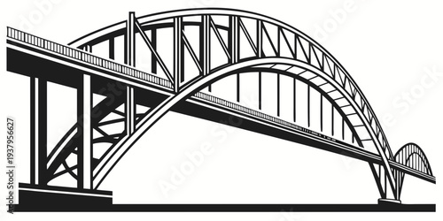 A detailed black and white illustration of a large, open bridge structure. Vector