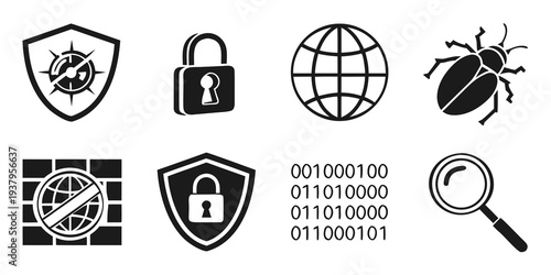 Illustrations of cybersecurity, including a padlock, shield, and bug Vector