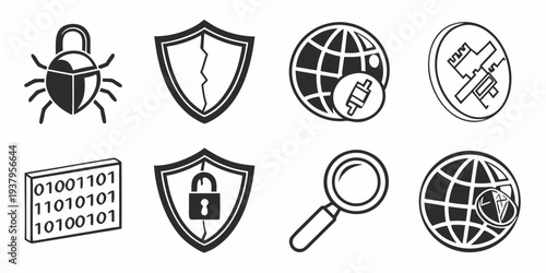 A collection of icons representing cybersecurity and online safety concepts. Vector