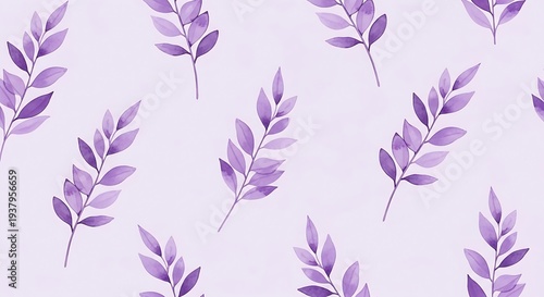Soft Lavender Watercolor Seamless Pattern with Elegant Purple Leaf Sprigs and Delicate Botanical Stems