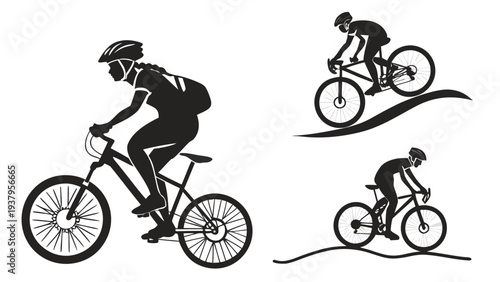 Three cyclists riding mountain bikes on a trail with varying levels of intensity Vector