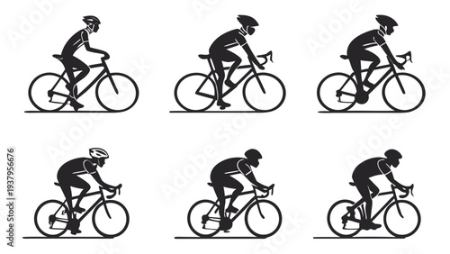 Seven cyclists riding on a path in a row, each at a different stage of their pedal stroke Vector