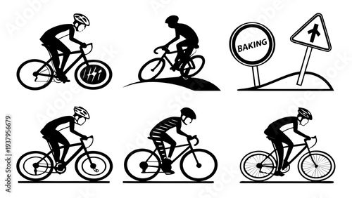 A series of images depicting cyclists in various stages of a race, including a caution sign. Vector