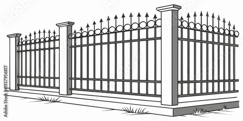 Elegant black wrought iron gate with intricate designs and sturdy construction Vector