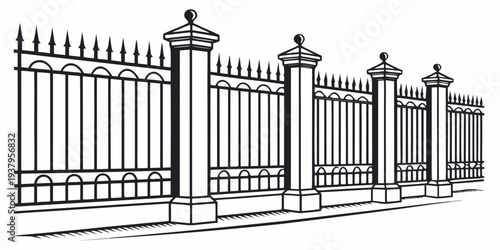 An artistic depiction of a tall, ornate iron gate with intricate designs and pillars Vector