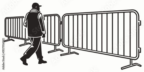 A man in a suit walking past a row of metal barricades on a sidewalk. Vector