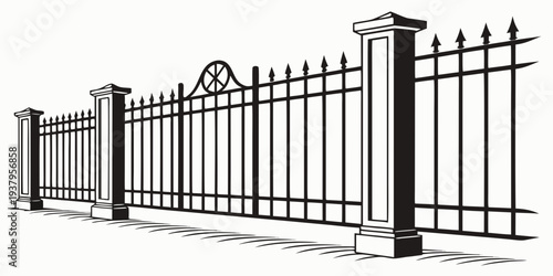 A detailed illustration of a wrought iron fence with pointed tops and decorative elements. Vector