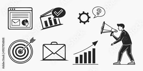 Businessman analyzing data and aiming at a target with a bow and arrow. Vector