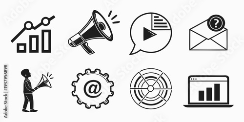 Modern icons representing various aspects of business and communication Vector