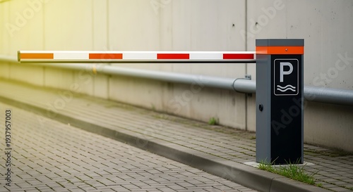 A parking lot boom barrier with a black base and orange white red striped bar on a brick road