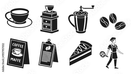A collection of coffee-related icons including a cup, grinder, beans, and more. Vector