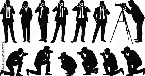 Professional photographer silhouettes in business suits set featuring men standing and kneeling with cameras and tripods for corporate events, press media, and journalism.