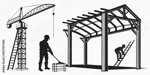 Construction workers building a house frame with a crane in the background Vector