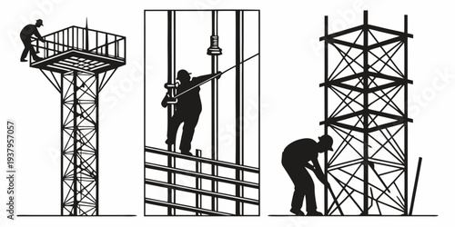Construction workers building a tower with a crane and scaffolding Vector
