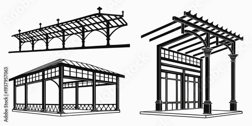 Three distinct architectural designs of modern houses with open roofs. Vector