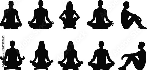 Set of black silhouettes of people in yoga and meditation poses sitting in lotus position isolated on white background for health and wellness