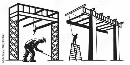A man climbing a ladder to reach a higher platform while another is standing below Vector
