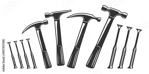 A collection of various hammers and nails displayed on a white background Vector