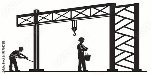 Construction workers operating a crane to lift a large object at a building site Vector