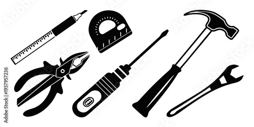 A collection of various tools including pliers, a hammer, and a wrench Vector