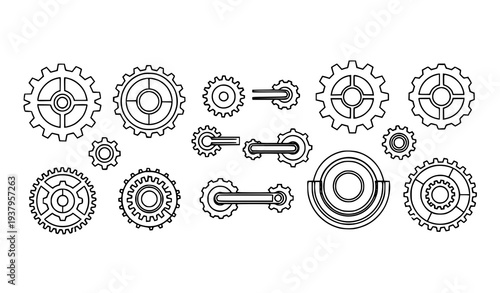 A set of black and white gears and cogs in a vector graphic design