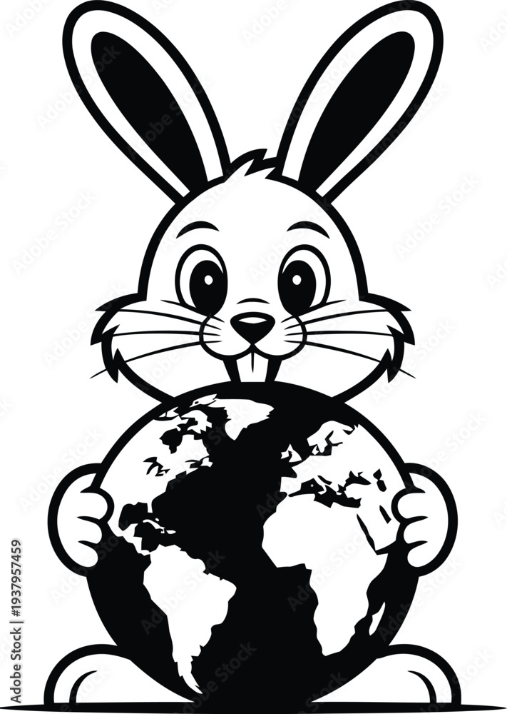 Obraz premium Cute bunny holding Earth globe line art design