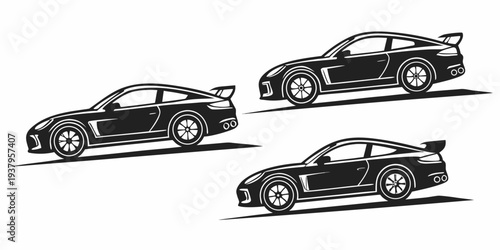 Three high performance race cars in a row, showcasing their aerodynamic designs and sleek lines. Vector