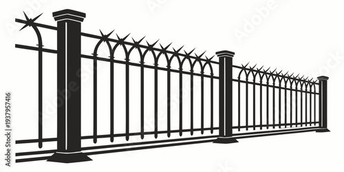 A detailed black and white illustration of a wrought iron fence with pointed tops Vector