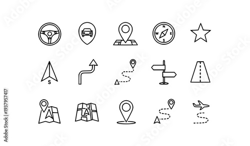 A set of navigation icons for travel and transportation