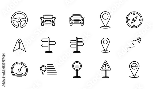 Black line navigation and transportation icon set including steering wheel car compass location pin road sign and direction symbols isolated on transparent background