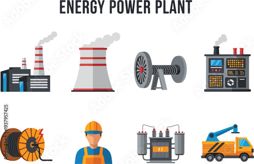 Illustration depicting energy power plant elements Includes structures components and workers