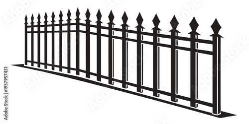 Black metal fence with ornate spikes and decorative posts Vector