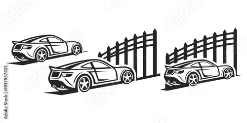A variety of cars parked in a lot with a fence in the background. Vector