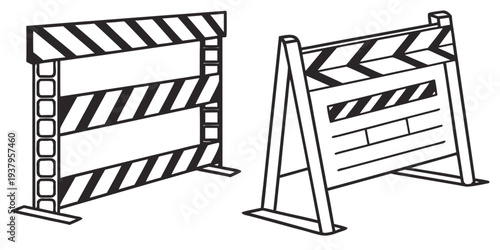 A set of road barriers and a caution sign on a construction site. Vector