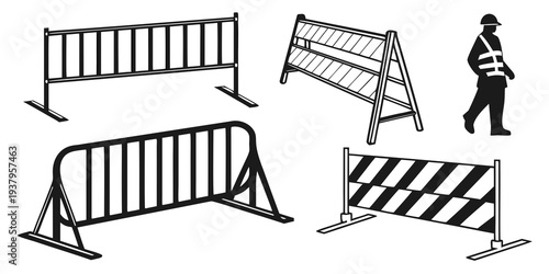 A variety of road barriers and a construction worker in a safety uniform Vector