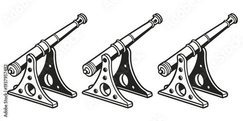 Three vintage cameras displayed in a row showcasing classic photography equipment. Vector