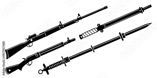 A collection of historical firearms and swords displayed in a row Vector