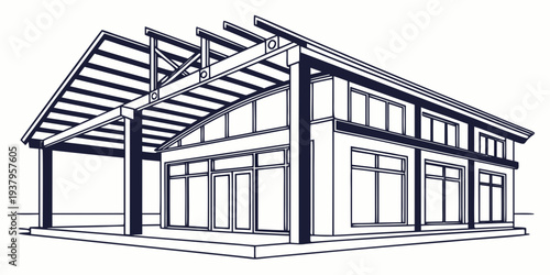 Modern architectural design of a large industrial building with multiple windows Vector