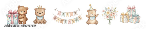 Pastel teddy bear birthday set with gifts, flowers and bunting charming set. Collection of Vector illustrations. Perfect for invitation, card, poster, banner, decoration