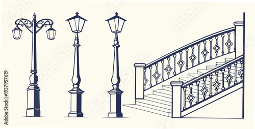 A row of vintage street lamps and a building with a distinct architectural style Vector