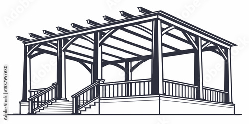 A detailed architectural drawing of a large, open-air structure with a complex roof design. Vector