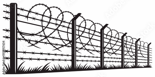 A detailed illustration of a barbed wire fence with sharp edges and a warning sign. Vector