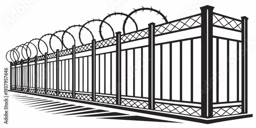 A row of ornate white metal gates with intricate designs and pointed tops. Vector