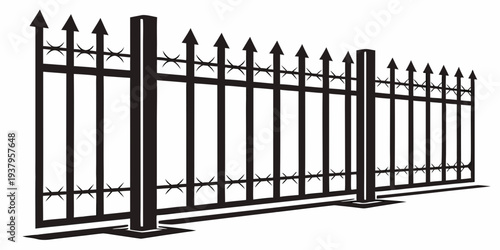 A tall black metal fence with pointed tips and horizontal bars in the middle Vector